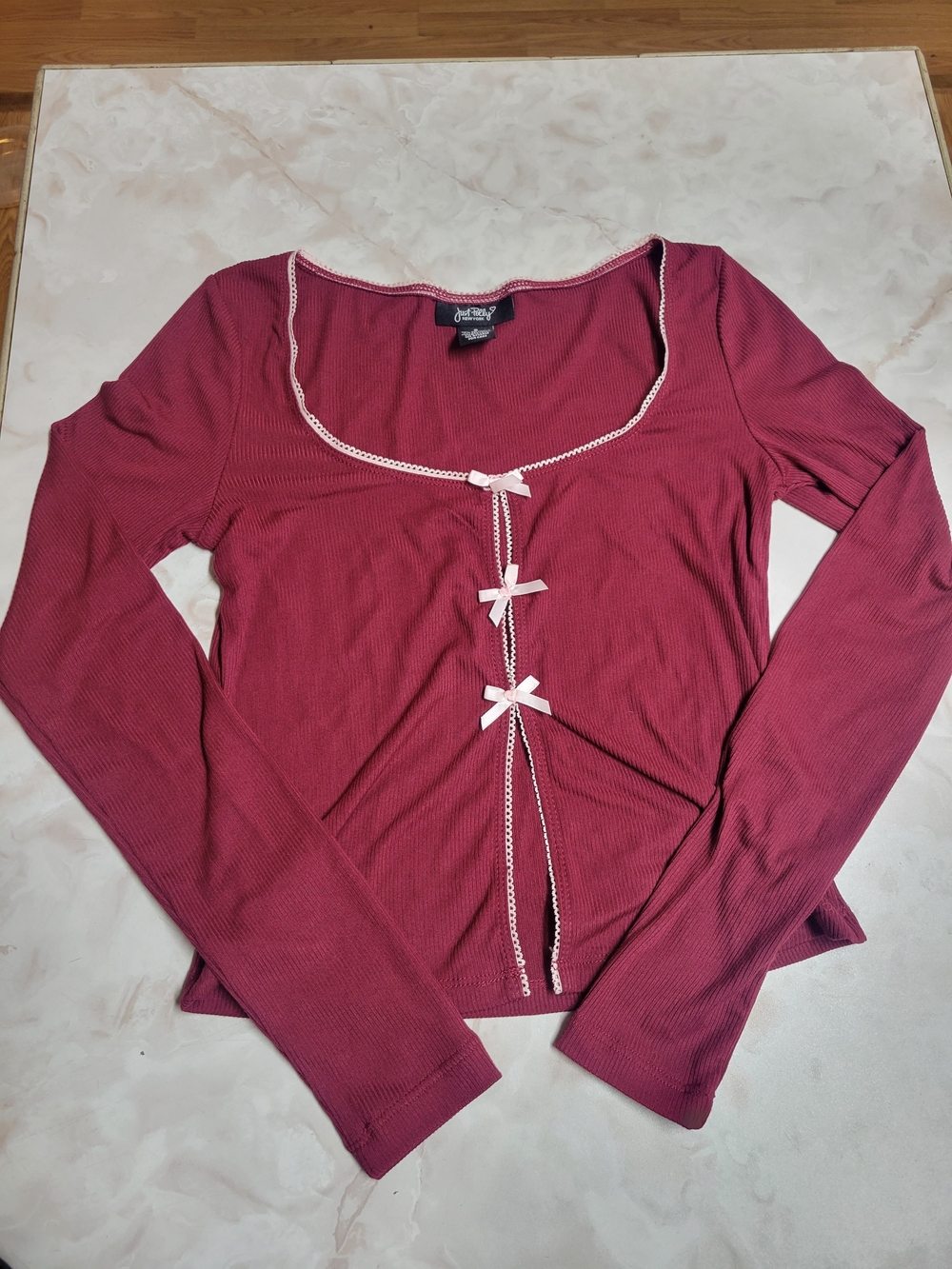 Just Polly Bow Front Ribbed Top Pink Long Sleeve Coquette Balletcore Size Small